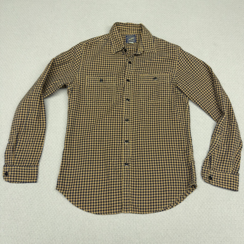 J Crew Shirt Mens Small Blue Gold Gingham Plaid Button Down Flannel Classic